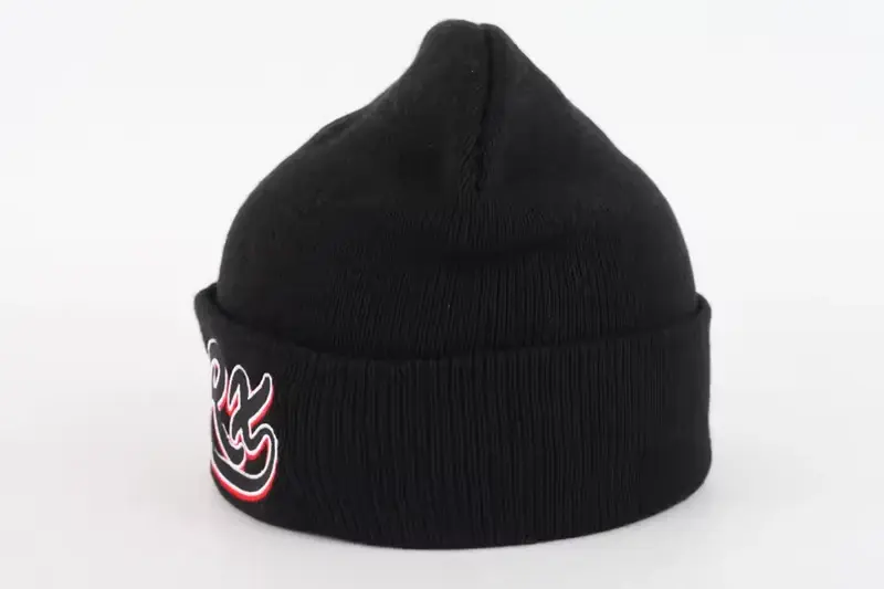 Black ribbed cuffed beanie with pink and white side lettering