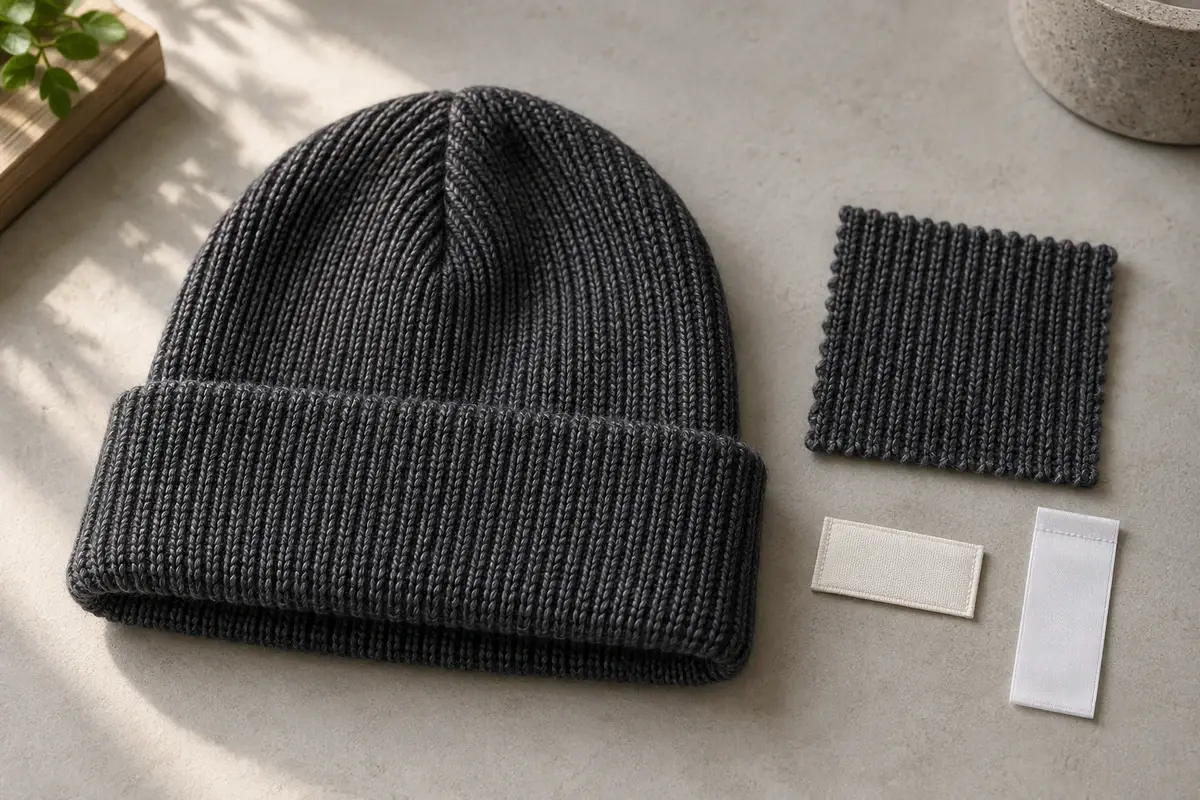 Charcoal cuffed beanie beside a knit swatch and blank label samples