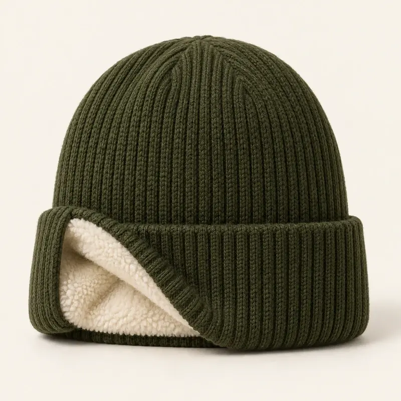 Olive green cuffed beanie opened to show a cream fleece lining