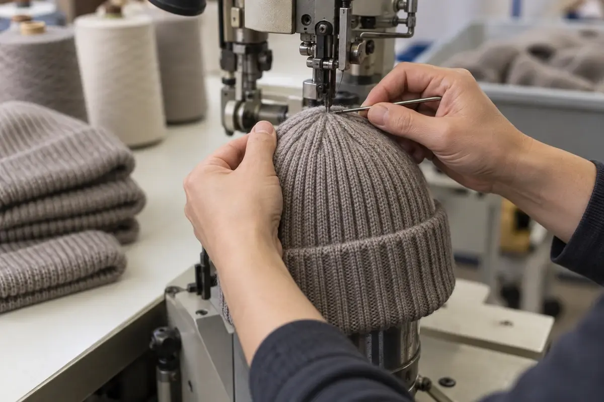 Hands finishing the crown of a rib-knit cuffed beanie at a textile machine