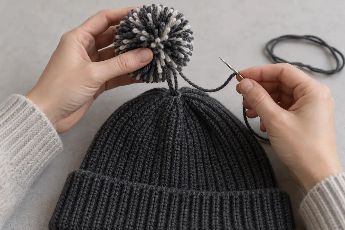 Hands positioning a two-tone yarn pom above a charcoal beanie crown
