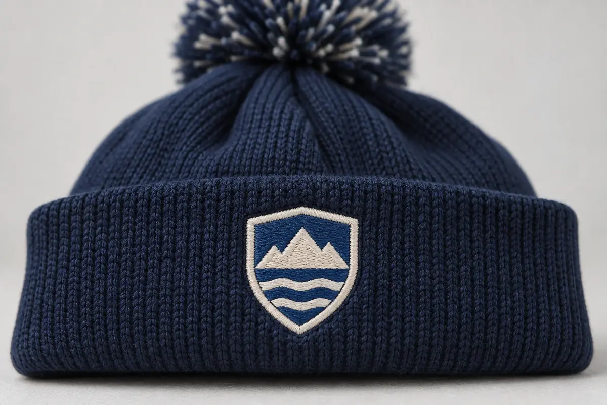 Generic geometric crest embroidered on a navy pom beanie cuff