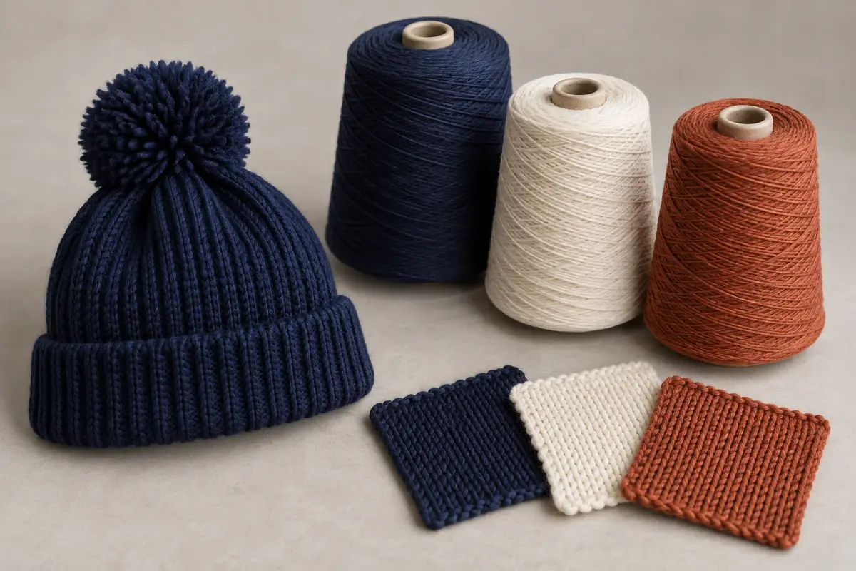 Navy yarn pom beanie with yarn cones and knit swatches