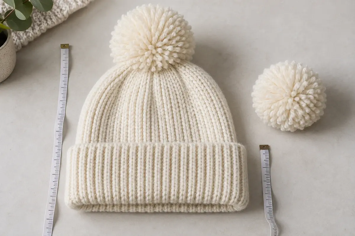 Cream yarn pom beanie beside measuring tapes and a pom sample
