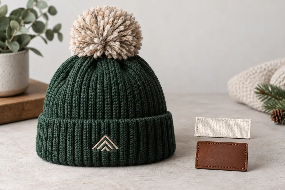 Green pom beanie with geometric cuff embroidery beside label and patch samples