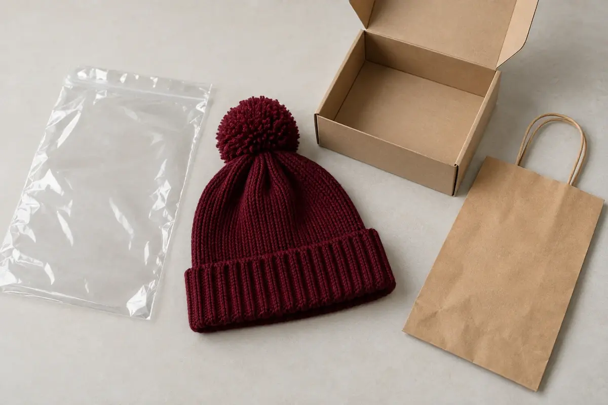 Burgundy pom beanie beside a clear bag, kraft bag and plain box