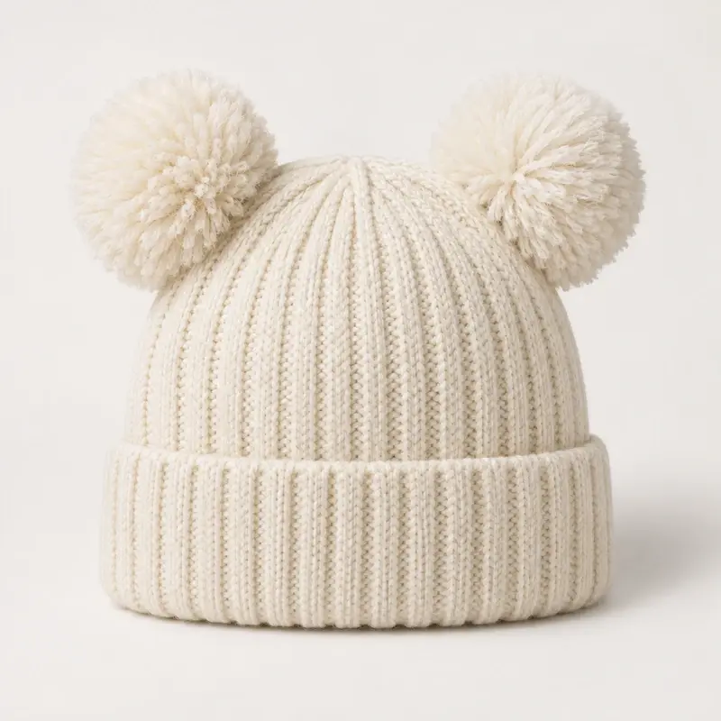 Cream cuffed beanie with two matching yarn poms