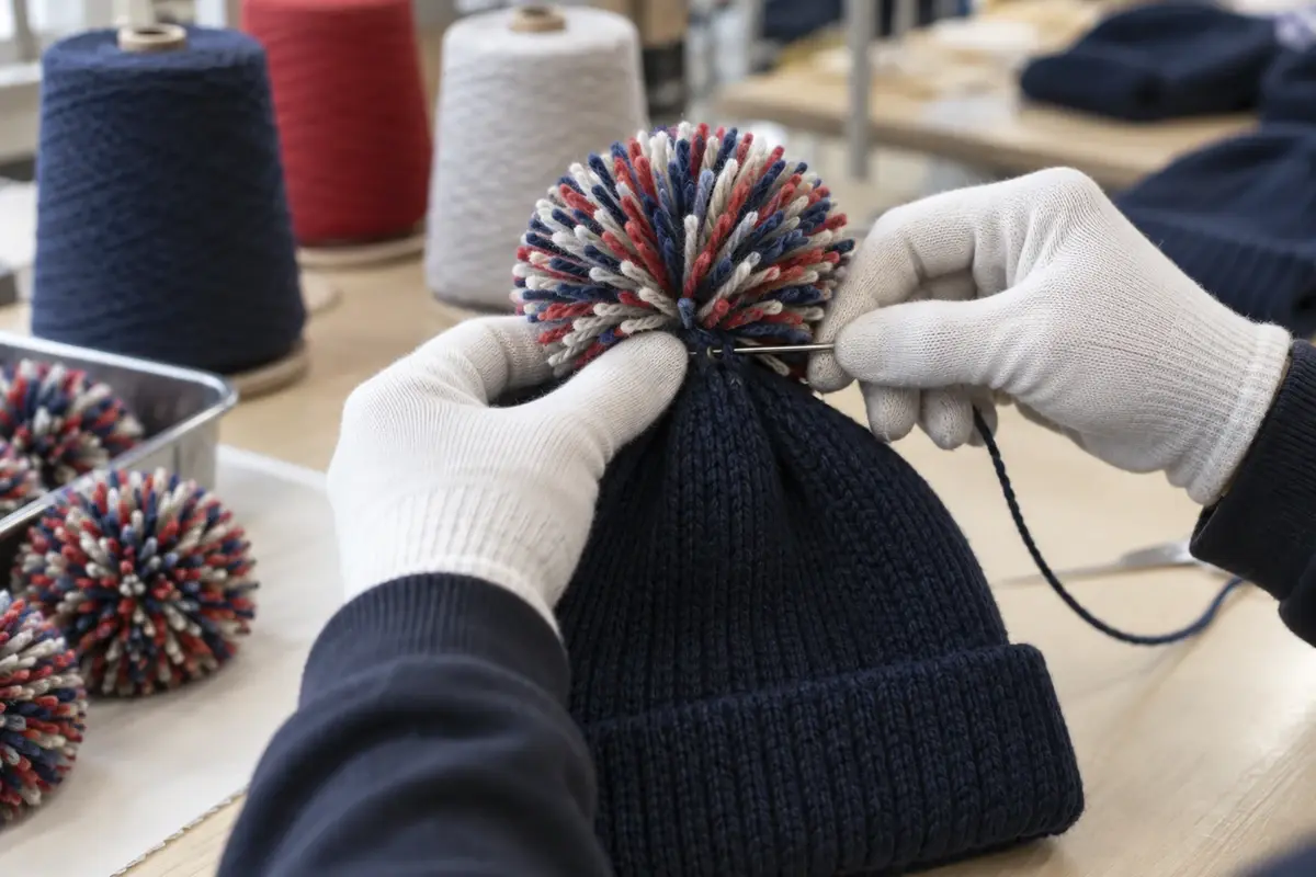 Gloved hands attaching a multicolor yarn pom to a navy knit beanie