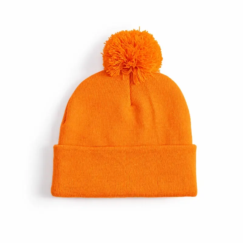 Bright orange knit beanie finished with a matching yarn pom-pom