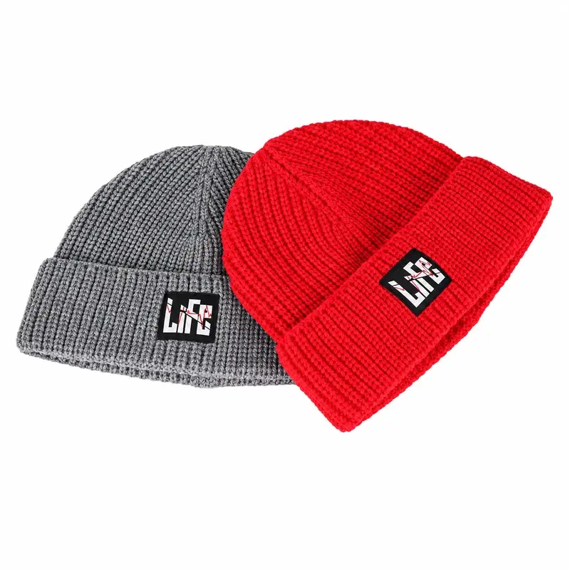 Grey and red ribbed short fisherman beanies with cuff patches