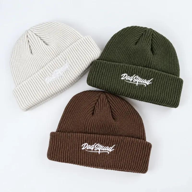 Short rib-knit beanies with embroidered cuff logos