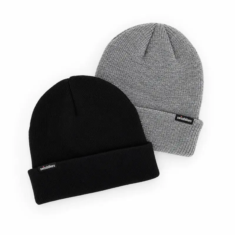Dark cuffed short beanie with woven logo patch