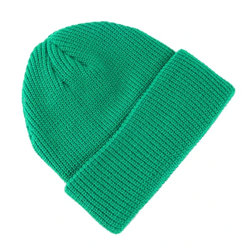 Green short fisherman beanie with a folded rib-knit cuff