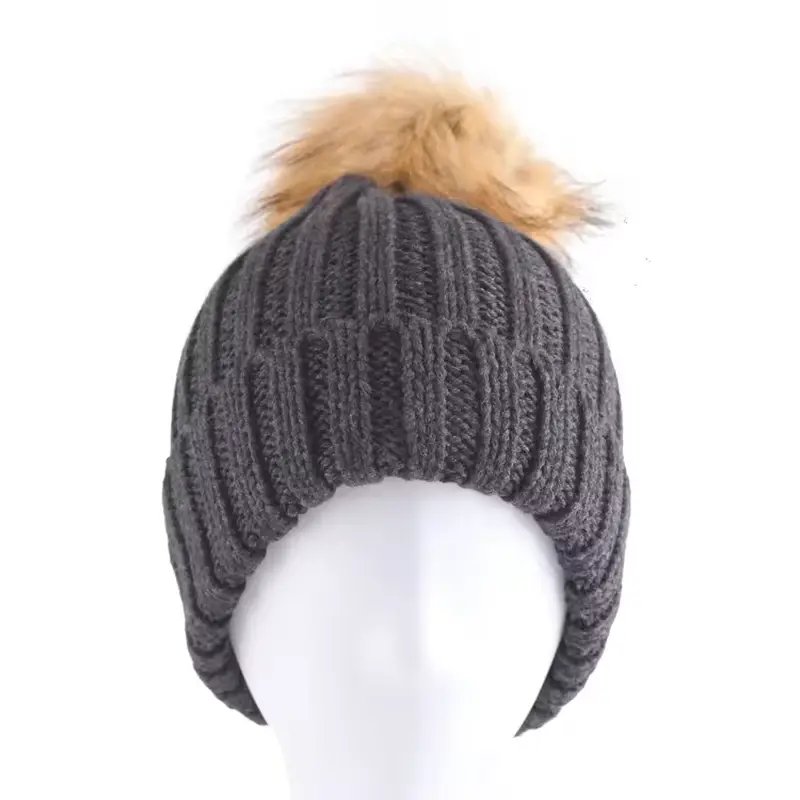 Charcoal cable-knit beanie with pom-pom and folded cuff