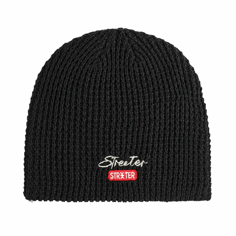 Black rib-knit cuffless skull cap with a red embroidered front label