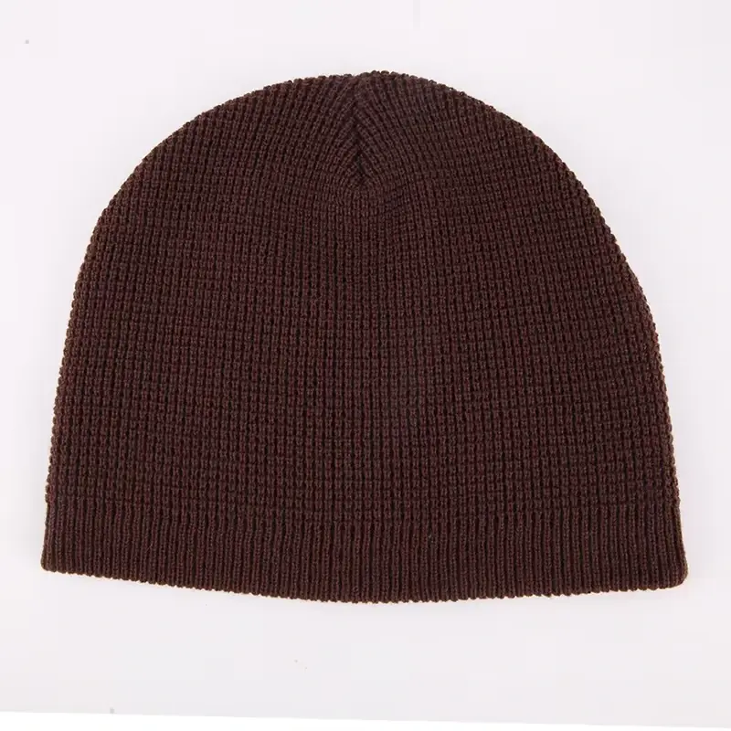 Dark brown fine-knit cuffless beanie with a plain lower edge