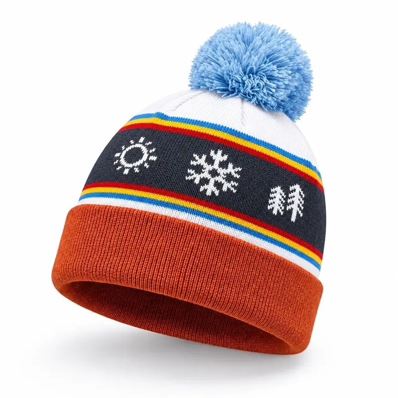 Snowflake pom-pom beanie with orange cuff