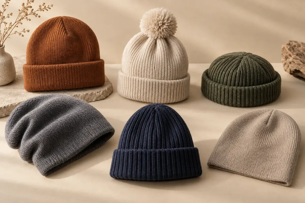 Six plain knit beanie shapes arranged on a neutral surface