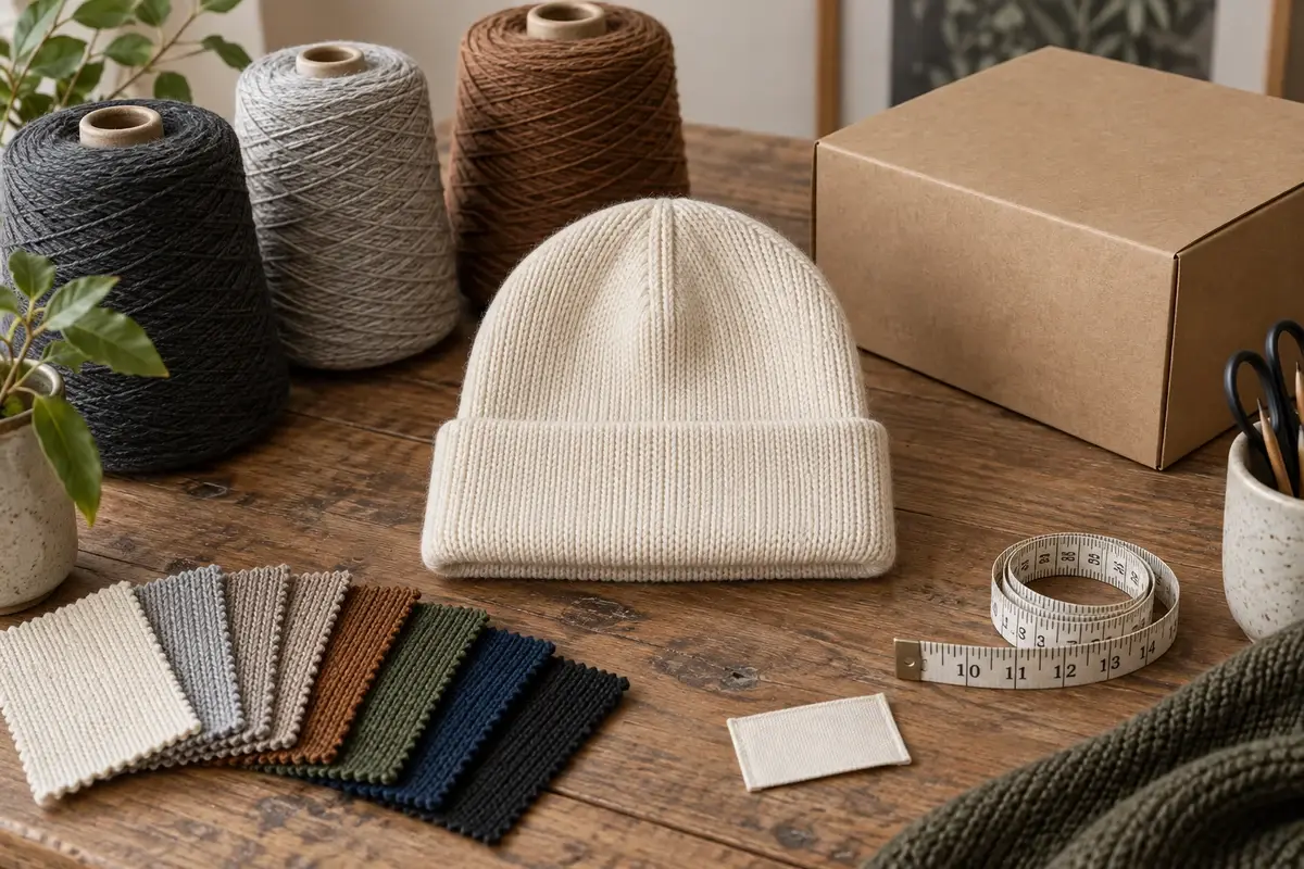Knit beanie with yarn cones, color swatches, measuring tape and paper box